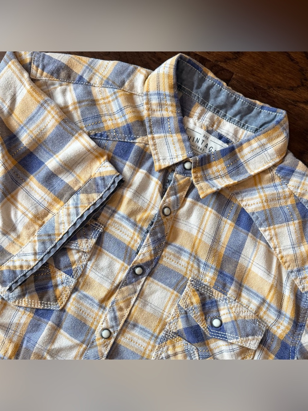 BKE Vintage Mens Western Shirt L Yellow/Blue Plaid Pearl Snap Athletic Fit